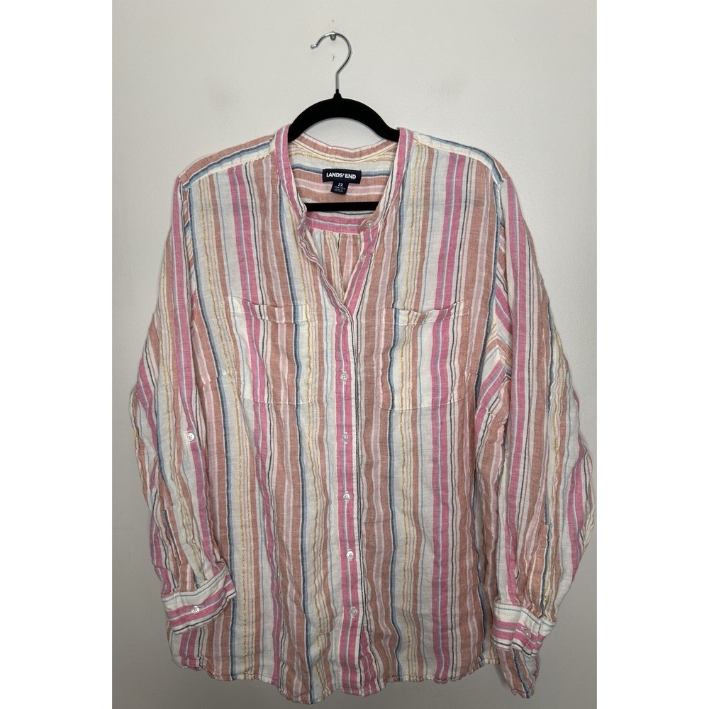 Lands End Womens Linen Top Size 2X 20W-22W Womens Button Front Roll Tab Sleeve - Picture 2 of 9